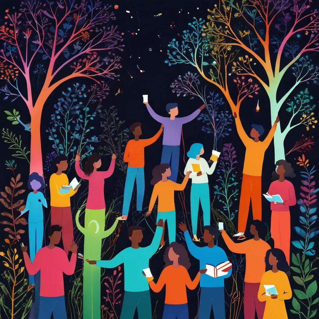 A vibrant and colorful illustration of diverse people connecting and supporting each other, with glowing threads symbolizing their shared experiences leading to a flourishing garden of happiness. Include representations of various resources like books, tools, and digital devices around them. The scene should evoke a sense of joy and community. bright colors, whimsical style, digital illustration.