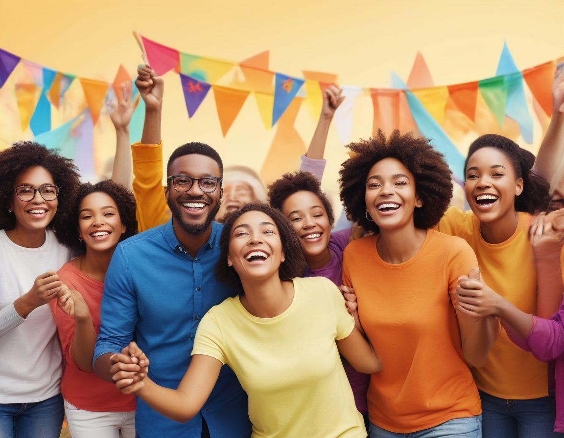 A diverse group of people smiling and engaging in a vibrant community setting, surrounded by colorful support banners and resources, illustrating joy and togetherness. Include elements like a cozy environment, sharing activities, and hands raised in celebration. Bright, uplifting colors with a feeling of warmth and inclusiveness. super-realistic. vibrant colors. soft background.