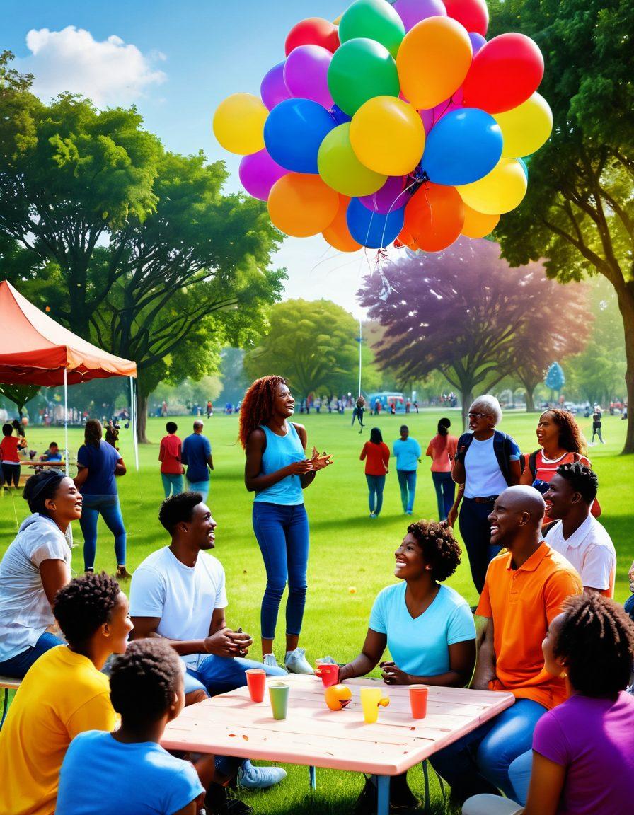 A diverse group of joyful people gathering in a colorful park, engaging in various activities like chatting, playing games, and sharing laughter, surrounded by balloons and greenery, representing elated connections and community support. The scene radiates warmth and happiness, showcasing people of different backgrounds and ages connecting with each other. vibrant colors. super-realistic. festive atmosphere.